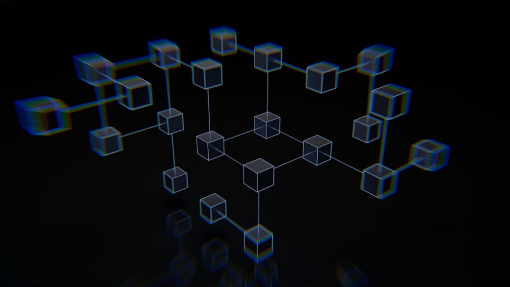 Ilustrație abstractă cu noduri digitale conectate, reprezentând arhitectura și fluxurile automate ale unei redacții AI